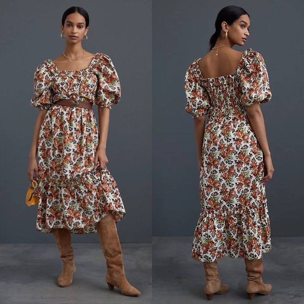 Anthropologie Love the Label Floral Puff-Sleeved Maxi Dress